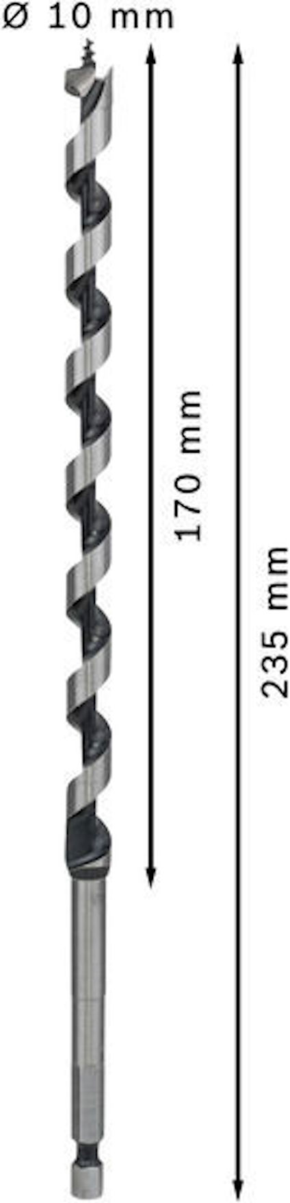 Borr med spiralmönster samt märkning: "Ø 10 mm", "170 mm", "235 mm".
