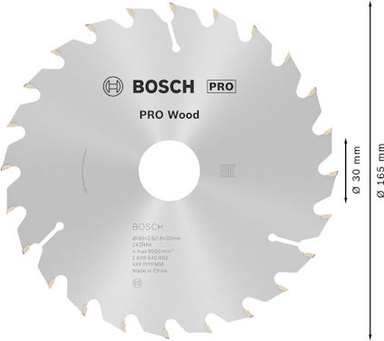 Cirkelsågklinga med text "BOSCH PRO Wood", 30 mm centrumhål, 165 mm diameter, tillverkad i Kina.