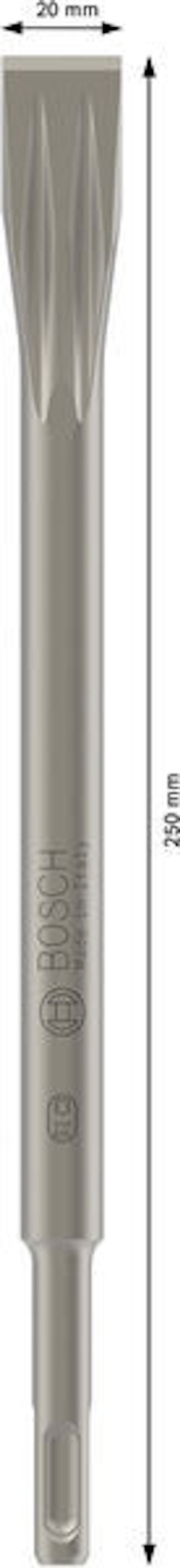 Mejsel med platt ände, 320 mm lång, 20 mm bred, silverfärgad med Bosch-logotyp.