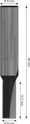Skärverktyg med mått: 8 mm diameter, 48 mm total längd, 15,7 mm verktygslängd.