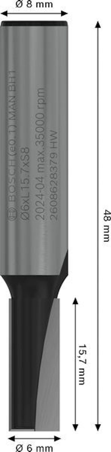 Skärverktyg med mått: 8 mm diameter, 48 mm total längd, 15,7 mm verktygslängd.