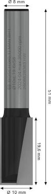 Fräs med måtten 51 mm längd, 8 mm diameter, och 19,6 mm skärlängd. Text på fräsen: Bosch och andra specifikationer.