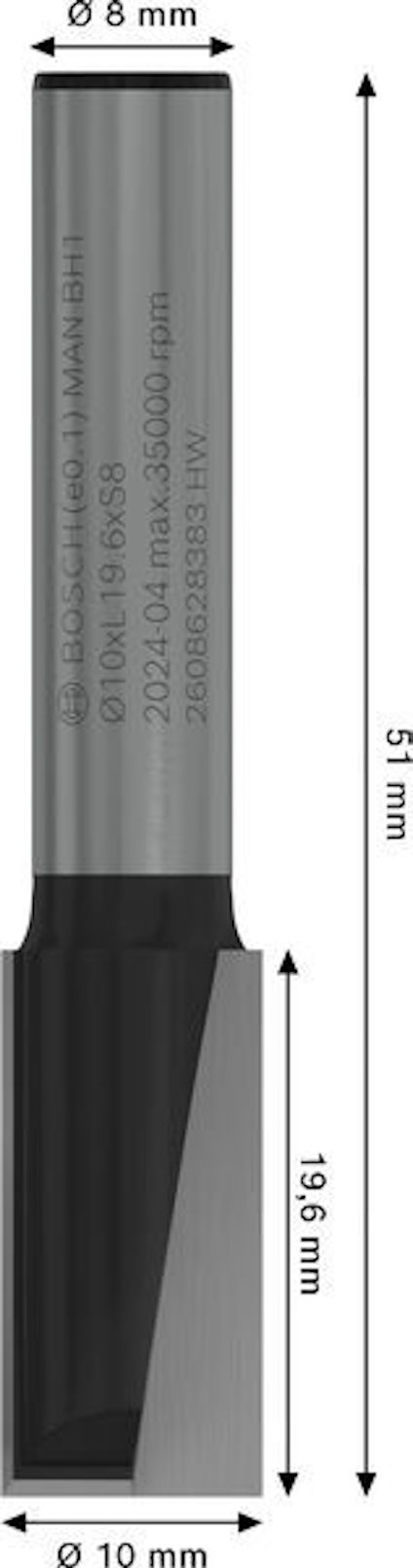 Fräs med måtten 51 mm längd, 8 mm diameter, och 19,6 mm skärlängd. Text på fräsen: Bosch och andra specifikationer.