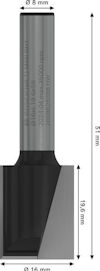 Fräsverktyg med dimensioner: total längd 51 mm, skärdiameter 16 mm, skaftdiameter 8 mm.