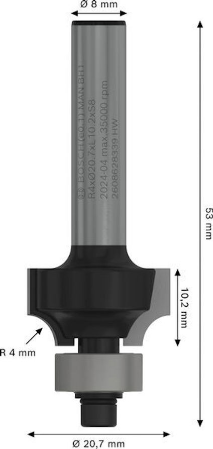 Frässtålsfoto med svarta och silverfärgade detaljer; märkning och måttangivelser på sidan.