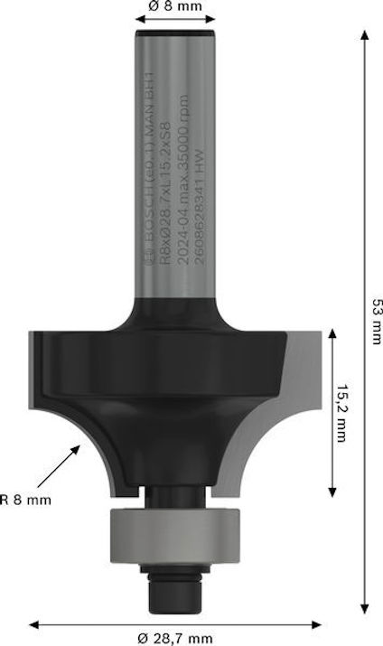 Skärstål med mått och dimensioner, inklusive diameter och radieangivelser: Ø 8 mm, Ø 28,7 mm, R 8 mm, totalhöjd 53 mm.