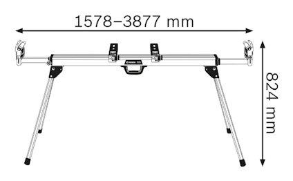 Diagram över ett justerbart sågbord med måtten 1578-3877 mm i bredd och 824 mm i höjd.