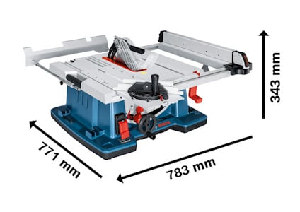 Sågbord med måtten 771 mm × 783 mm × 343 mm, justerbar skala och reglage.
