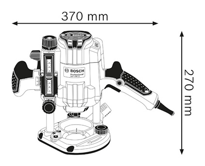 Illustration av en Bosch Professional-router med måtten 370 mm x 270 mm angivna.