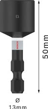 Svart hylsa med Bosch-logotyp, 13 mm diameter och 50 mm längd, markerad med mått.