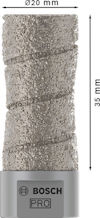 Borr med slipad yta med måtten 35 mm lång och 20 mm i diameter, Bosch Pro-märkning.