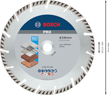 Diamantskiva från Bosch, PRO-serien, för multimaterial. Diameter 230 mm, hål 22,23 mm. Max 6650 rpm, 80 m/s.