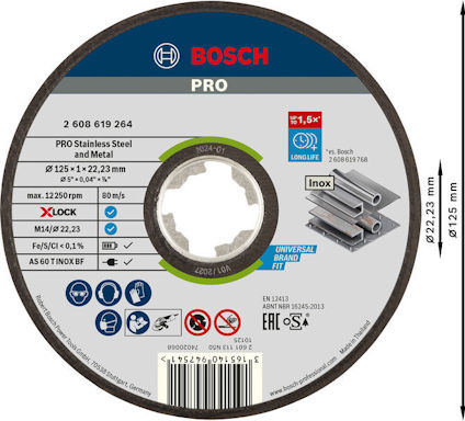 Slipskiva Bosch PRO för rostfritt stål och metall, X-LOCK, max 12250 rpm, dimensioner 125 x 22,23 mm.