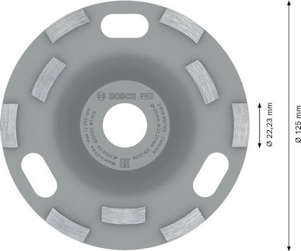 Rund grå slipplatta från Bosch med åtta segment och två avlånga hål, text och måttangivelser "Ø 22,23 mm" och "Ø 125 mm".