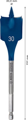 Borr med platt spadform, metalliskt blått, märkt "30" och "Bosch". Mått: 30 mm bredd, 152 mm längd.