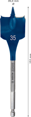Blå paddelbits med text: "BOSCH Expert SelfCut", storlek 35 mm, längd 152 mm.