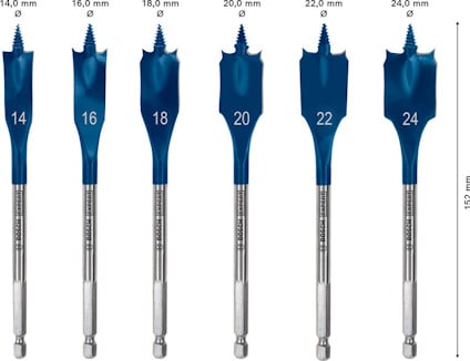 Sex borrbits med olika diameter: 14,0 mm, 16,0 mm, 18,0 mm, 20,0 mm, 22,0 mm, 24,0 mm, längd 152 mm.