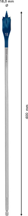 Blå och silver borr på 400 mm längd med text "18,0 mm" nära spetsen.