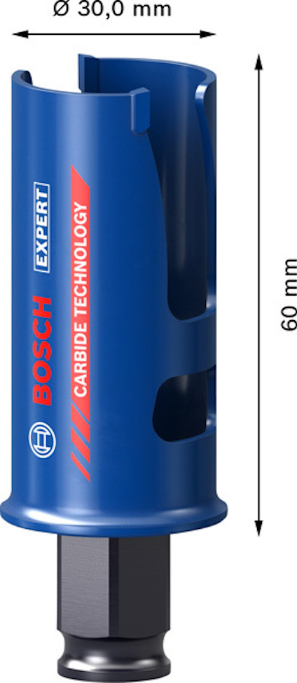 Blått hålsågblad från Bosch med karbidteknologi, diametern är 30,0 mm och höjden 60 mm.
