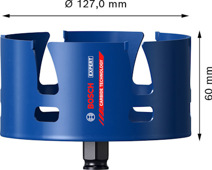 Blå Bosch Expert hålsåg, diameter 127 mm, höjd 60 mm, med inskärningar och text "CARBIDE TECHNOLOGY".