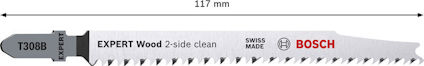 Sticksågblad med texten "EXPERT Wood 2-side clean", "BOSCH", "Swiss Made", "T308B", längd 117 mm.