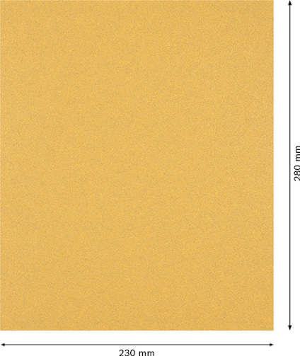 Rektangulärt sandpapper, guldfärgad yta, mått 230 mm x 280 mm, visas med pilar.