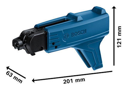 Blå Bosch-håltagare med måtten 201 mm x 121 mm och 63 mm.