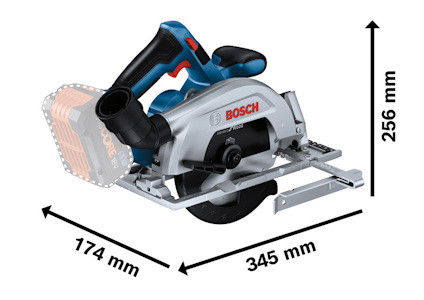 Cirkelsåg från Bosch med en längd på 345 mm, höjd 256 mm och bredd 174 mm.