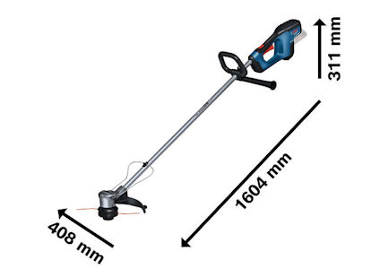 Grästrimmer med mått: längd 1064 mm, höjd 311 mm, bredd 408 mm.