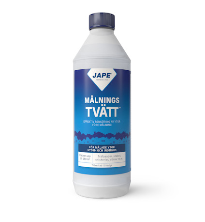 Flaska med etiketttext: "Målartvätt" och "Rengöring före målning Ute/Inne". Märket är Jape.