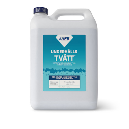 Plastdunk med etikett märkt "Underhållstvätt" och Jape-logo.