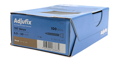 En blå kartong med texten "Adjufix TRT Skruv 6,0 x 50 mm 100 PCS".