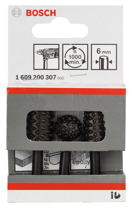 Förpackning med Bosch slipverktyg, 6 mm, tre delar.