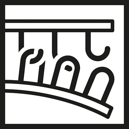 Svartvit symbol av tre krokformade objekt hängande på en rak linje.