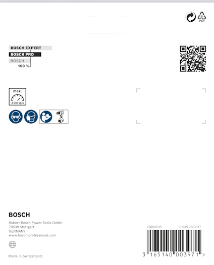 Förpackning för Bosch Pro Power Tools med QR-kod, symboler och företagsinformation.