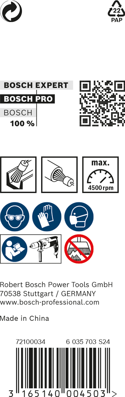 Förpackning med Bosch Pro verktygstillbehör, max 4500 rpm, använd skyddsglasögon och handskar. Made in China.