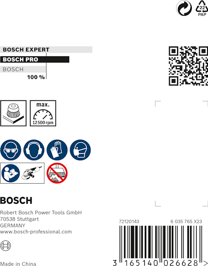 BOSCH PRO etikett med QR-kod, säkerhetssymboler, Bosch-logotyp, och text: "Robert Bosch Power Tools GmbH, Germany, www.bosch-professional.com".