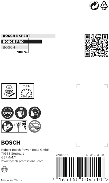 Förpackning med Bosch logotyp, QR-kod, Bosch Expert och Pro-varumärken, max 4500 rpm, säkerhetsikoner och tillverkningsdetaljer.