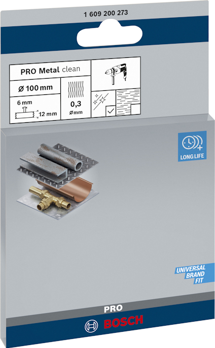 Förpackning med Bosch Pro Metal Clean sågblad för metall, 100 mm, inkluderar bilder av metaller och produktdetaljer.