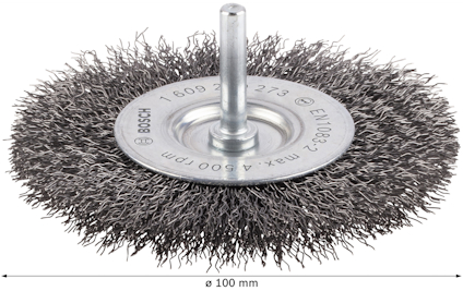 Trådborste med en diameter på 100 mm, metallborst och en metallaxel i mitten. Texten inkluderar "ø 100 mm".