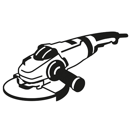 Illustration av en vinkelslipmaskin med handtag och skiva.