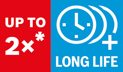 Röd och blå grafik med texten "UP TO 2x*" och "LONG LIFE" samt en klocksymbol.
