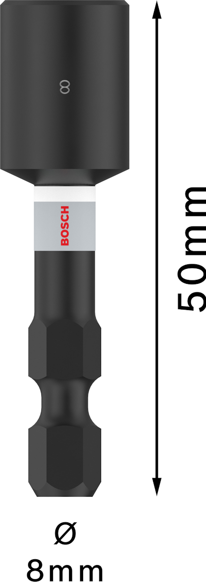 Hylsbits adapter, svart, märkt "Bosch", med text "8" och "50 mm". Diameter anges som "8 mm".