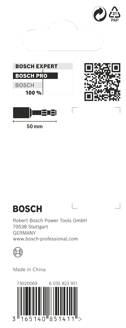 Förpackning med BOSCH-bits, text och streckkod; innehåller även QR-kod och företagsinformation.