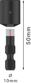Svart hylsa med text "10" och "Bosch", 50 mm lång, 10 mm diameter.