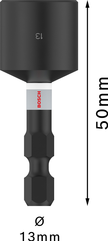 Svart hylsa med hexfäste, märkt "13" och "Bosch". Mått: 50 mm längd, 13 mm diameter.
