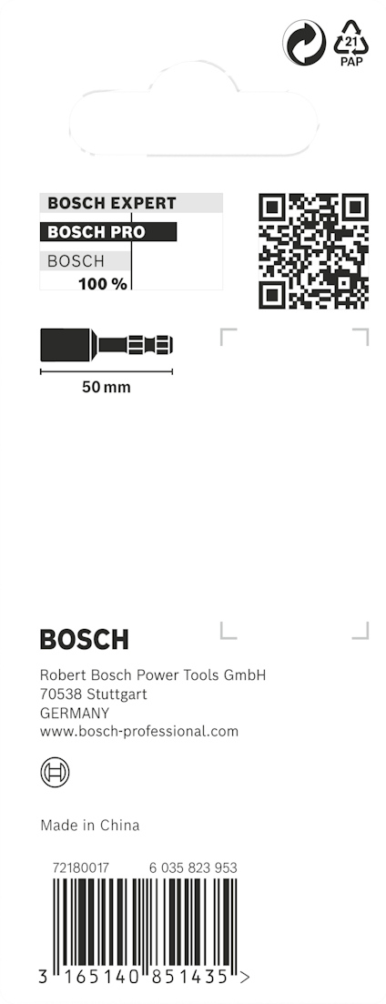 Förpackning av Bosch borrtillbehör, visar produktinformation, streckkod och QR-koder.