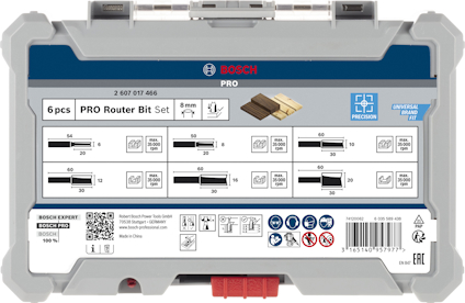Förpackning för Bosch Pro Router Bit Set, 6 delar, 8 mm axel, med diagram och specifikationer.