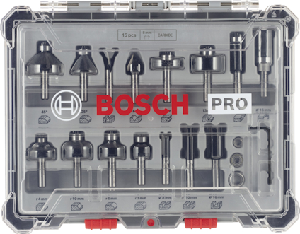 Förpackning med 15 olika Bosch Pro-överfräsar i transparent plastlåda med text "BOSCH PRO".