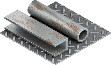 Tre metallstycken: ett rör, en balk och en räfflad plåt med rostliknande yta.